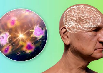 Illustration of an elderly man with neural activity and brain degeneration linked to frontotemporal dementia