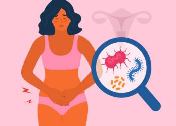 Illustration of woman with genital pain and magnified view of herpes virus