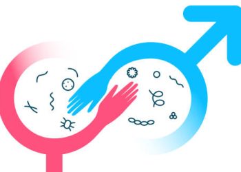 Male and female gender symbols overlapping with virus illustrations indicating STI transmission