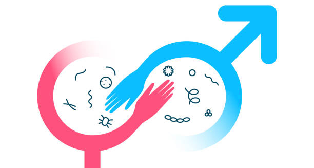 Male and female gender symbols overlapping with virus illustrations indicating STI transmission