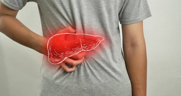 Person clutching back near liver area with digital liver overlay
