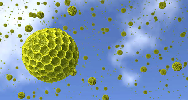 3D render of airborne pollen particles floating in a blue sky, causing hay fever