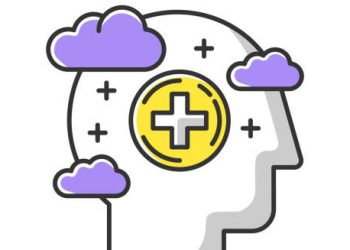 Illustration of mental health with clouds and a medical symbol in the brain