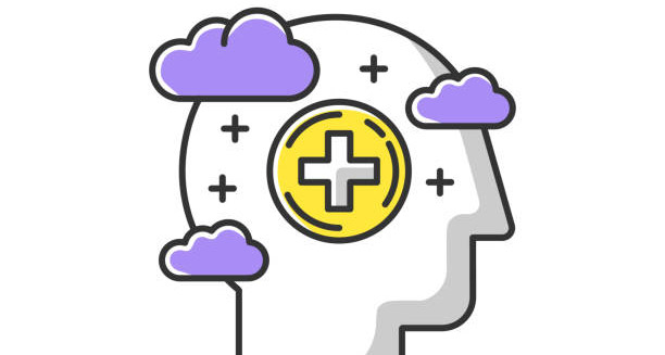 Illustration of mental health with clouds and a medical symbol in the brain
