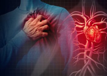 Man clutching chest in pain with digital arteries and heart glowing red, indicating heart attack causes