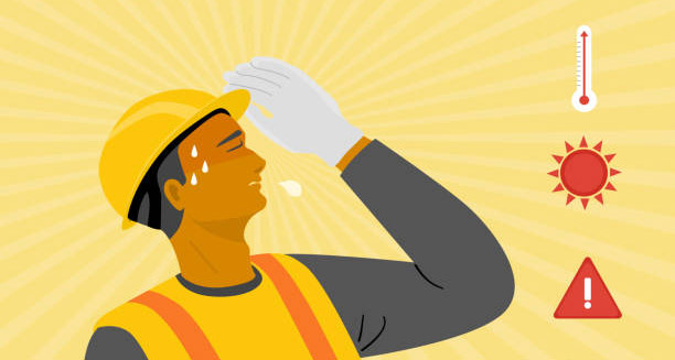 Illustration of a construction worker sweating in the sun, highlighting causes of heat exhaustion
