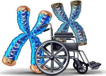 Wheelchair beside chromosomes symbolising genetic cause of hereditary spastic paraplegia