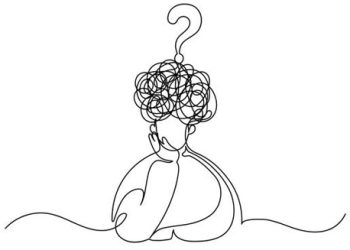 Abstract line art of a person with tangled thoughts and a question mark above the head, symbolising confusion and mental clutter