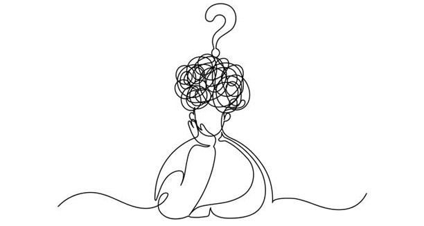 Abstract line art of a person with tangled thoughts and a question mark above the head, symbolising confusion and mental clutter