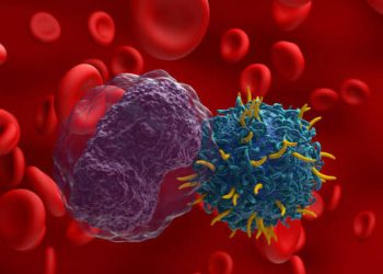 Microscopic illustration of abnormal lymphocytes and red blood cells linked to Hodgkin lymphoma