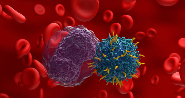 Microscopic illustration of abnormal lymphocytes and red blood cells linked to Hodgkin lymphoma