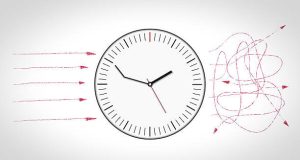 Illustration of a clock with straight and chaotic arrows symbolising time zone disruption and jet lag