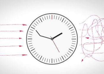 Illustration of a clock with straight and chaotic arrows symbolising time zone disruption and jet lag