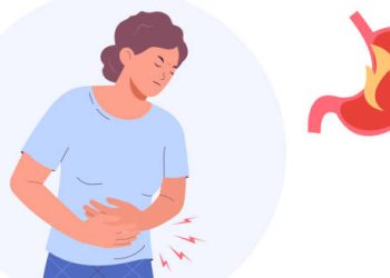 Illustration of woman with stomach pain and acid reflux complication