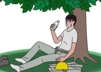 Illustration of overheated worker resting under tree with heat exhaustion