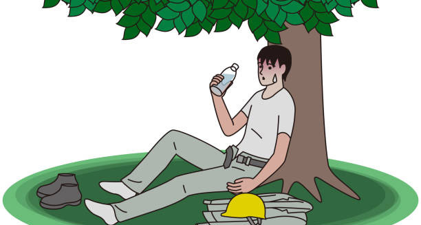 Illustration of overheated worker resting under tree with heat exhaustion