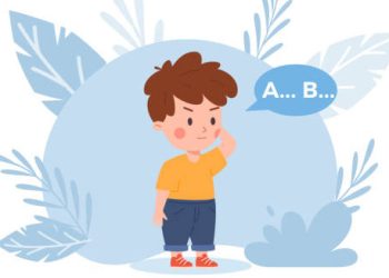 Illustration of a child struggling to speak, showing a speech delay linked to hydrocephalus complications.