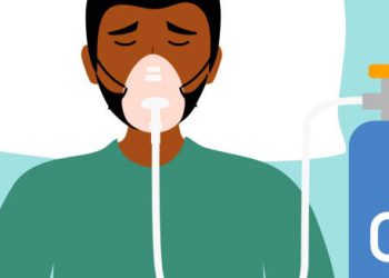 Illustration of a patient on oxygen therapy for complications of idiopathic pulmonary fibrosis