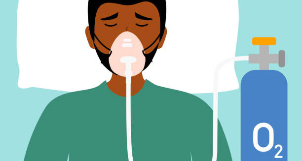 Illustration of a patient on oxygen therapy for complications of idiopathic pulmonary fibrosis