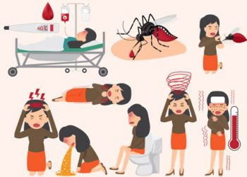 Illustration showing complications of Japanese Encephalitis including fever, vomiting, seizures, and neurological symptoms