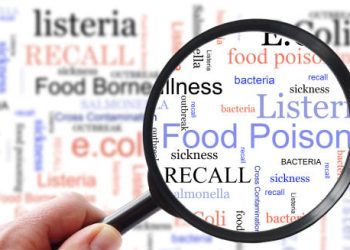 Magnifying glass highlighting food poisoning and related terms like listeria, E. coli, and recall