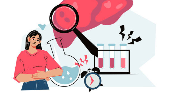 Illustration of a woman with abdominal discomfort, test tubes, and a liver under magnification representing Hepatitis B diagnosis