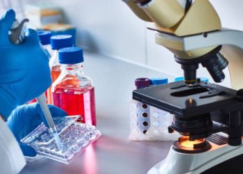 Laboratory testing setup with microscope and pipette used for diagnosing hypoparathyroidism