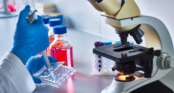 Laboratory testing setup with microscope and pipette used for diagnosing hypoparathyroidism