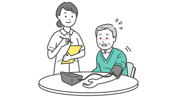 Nurse checking blood pressure of elderly man showing signs of hypotension