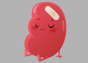 Cartoon kidney with plaster and sad face symbolising glomerulonephritis