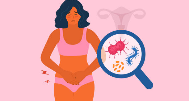 Illustration of a woman with abdominal pain and bacteria, representing gonorrhoea infection