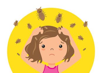 Cartoon girl scratching head surrounded by lice, indicating head nits infestation