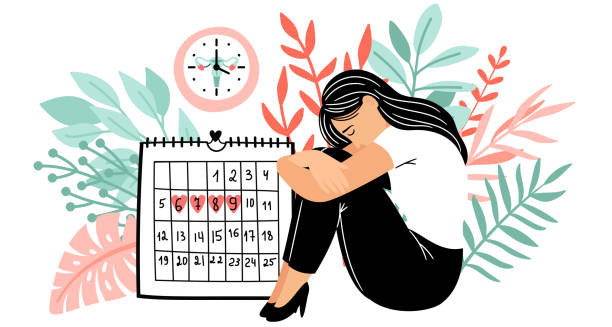 Illustration of a woman with a calendar highlighting heavy menstrual flow days