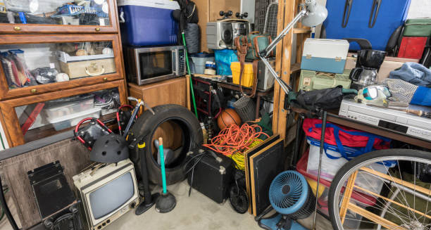 Cluttered storage room filled with miscellaneous household items, representing hoarding disorder