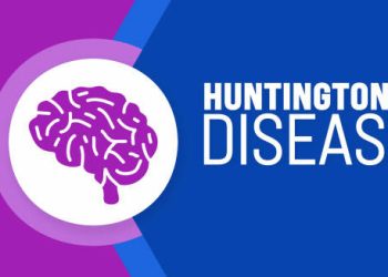 Graphic representation of Huntington’s disease with a stylised brain illustration and bold text.