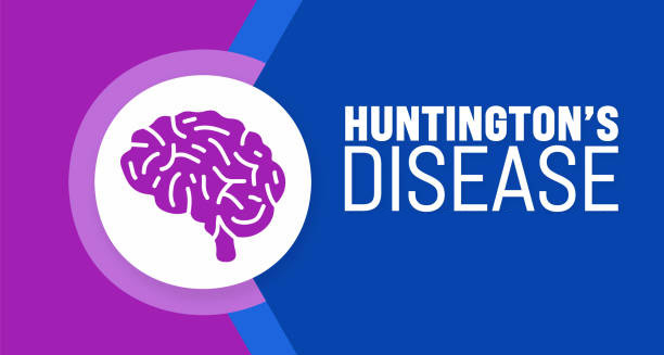 Graphic representation of Huntington’s disease with a stylised brain illustration and bold text.
