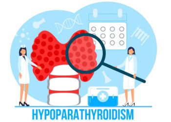 Illustration of hypoparathyroidism with thyroid gland and medical icons