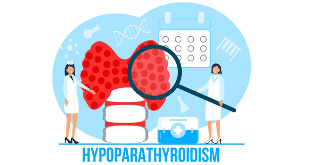 Illustration of hypoparathyroidism with thyroid gland and medical icons