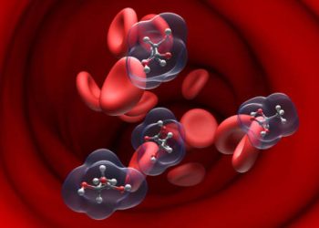 3D molecular representation of isovaleric acid molecules in the bloodstream, linked to Isovaleric Acidaemia