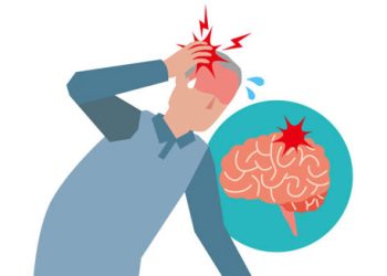 Illustration of a man with severe headache and a brain graphic showing inflammation, symbolising Japanese encephalitis