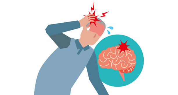 Illustration of a man with severe headache and a brain graphic showing inflammation, symbolising Japanese encephalitis