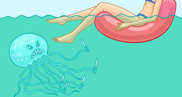Cartoon jellyfish attacking a swimmer with stingers, symbolising jellyfish stings in water