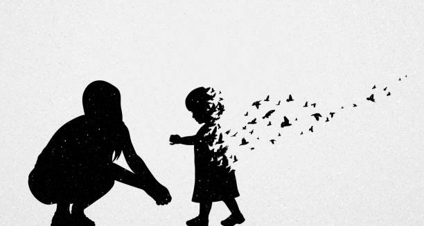 Silhouette of child fading into birds symbolising the outlook of Huntington’s disease