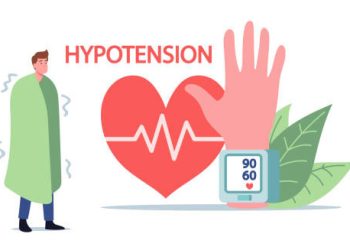Illustration of hypotension showing low blood pressure and patient with chills