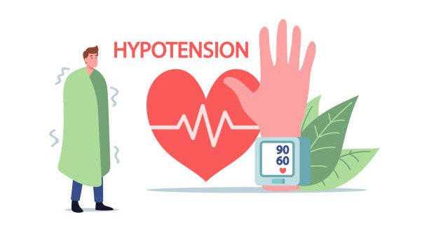 Illustration of hypotension showing low blood pressure and patient with chills