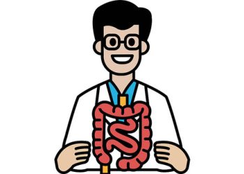 Illustration of a doctor with digestive tract diagram representing IBD care
