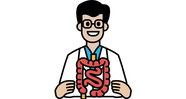 Illustration of a doctor with digestive tract diagram representing IBD care