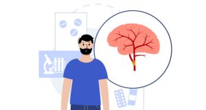 Illustration of a man with a zoomed-in view of increased pressure in the brain’s blood vessels