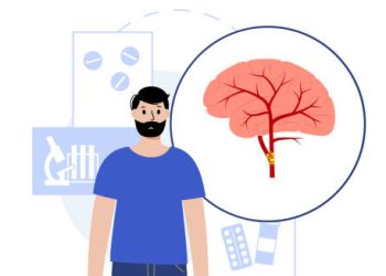 Illustration of a man with a zoomed-in view of increased pressure in the brain’s blood vessels