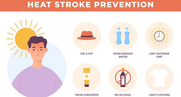 Infographic showing heatstroke prevention tips like hydration and sun protection